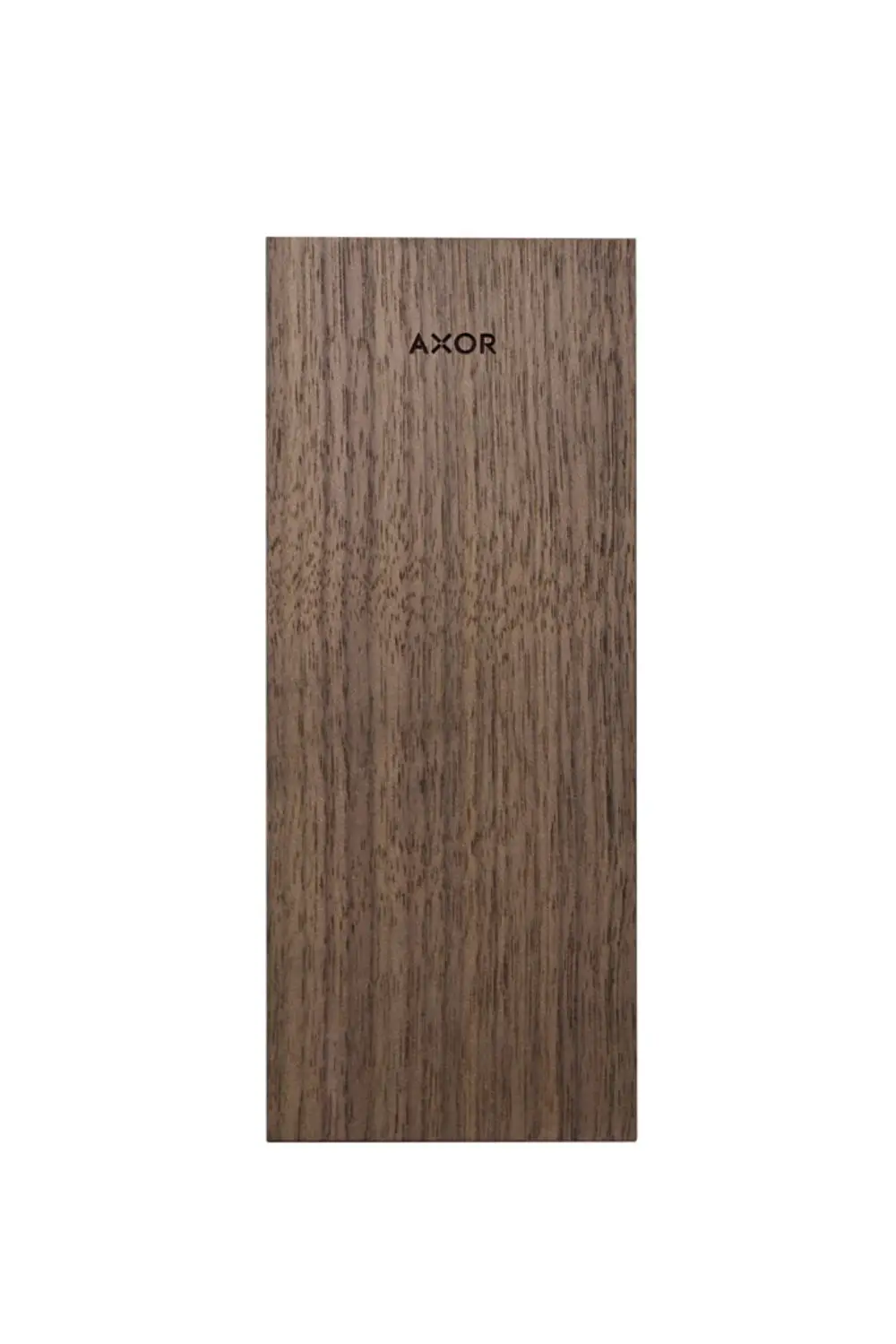 Holzplatte in dunkler Holzoptik mit der Marke AXOR präsentiert. Die Oberfläche zeigt eine gleichmäßige Maserung in einem natürlichen Design.